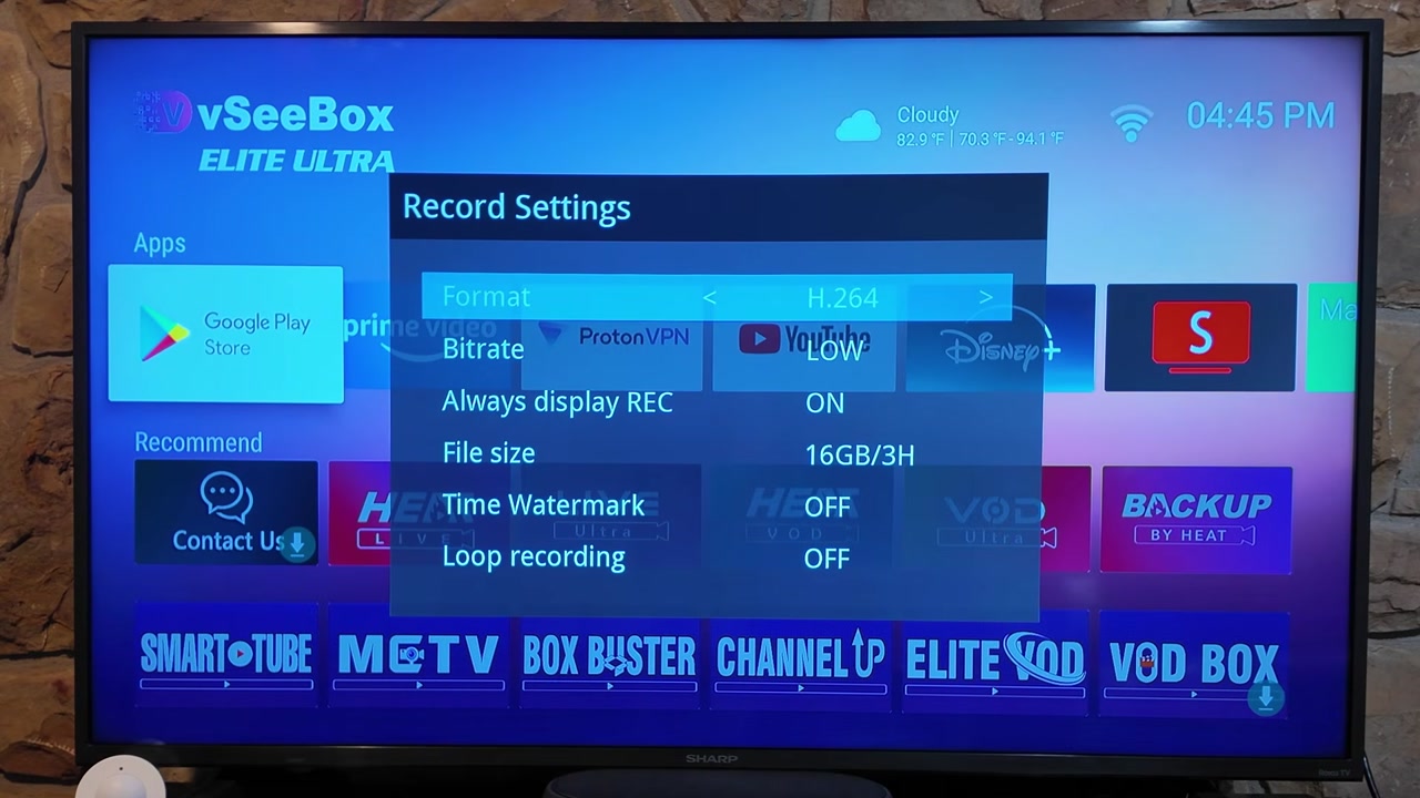 Record Settings on the UHD Pro, set to H.264, Low, Always display REC, and a 16GB/3H file size